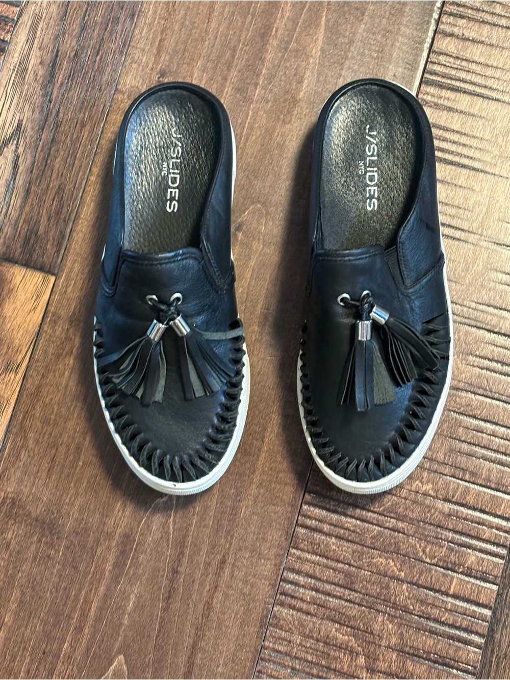 J/SLIDES Cheyenne Black Leather Tassel Slip-On Mule Sneakers - Size 7